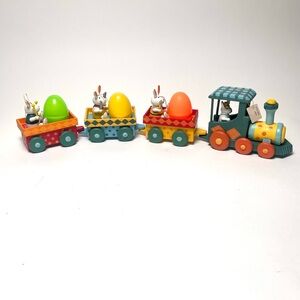 Wooden Toy Train Easter Theme Bunnies Egg Holder Hand Painted, 4 Piece